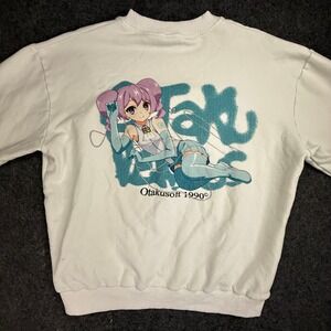 Otaku Versus Anime Graphic Sweatshirt White Crewneck Pullover Size L
